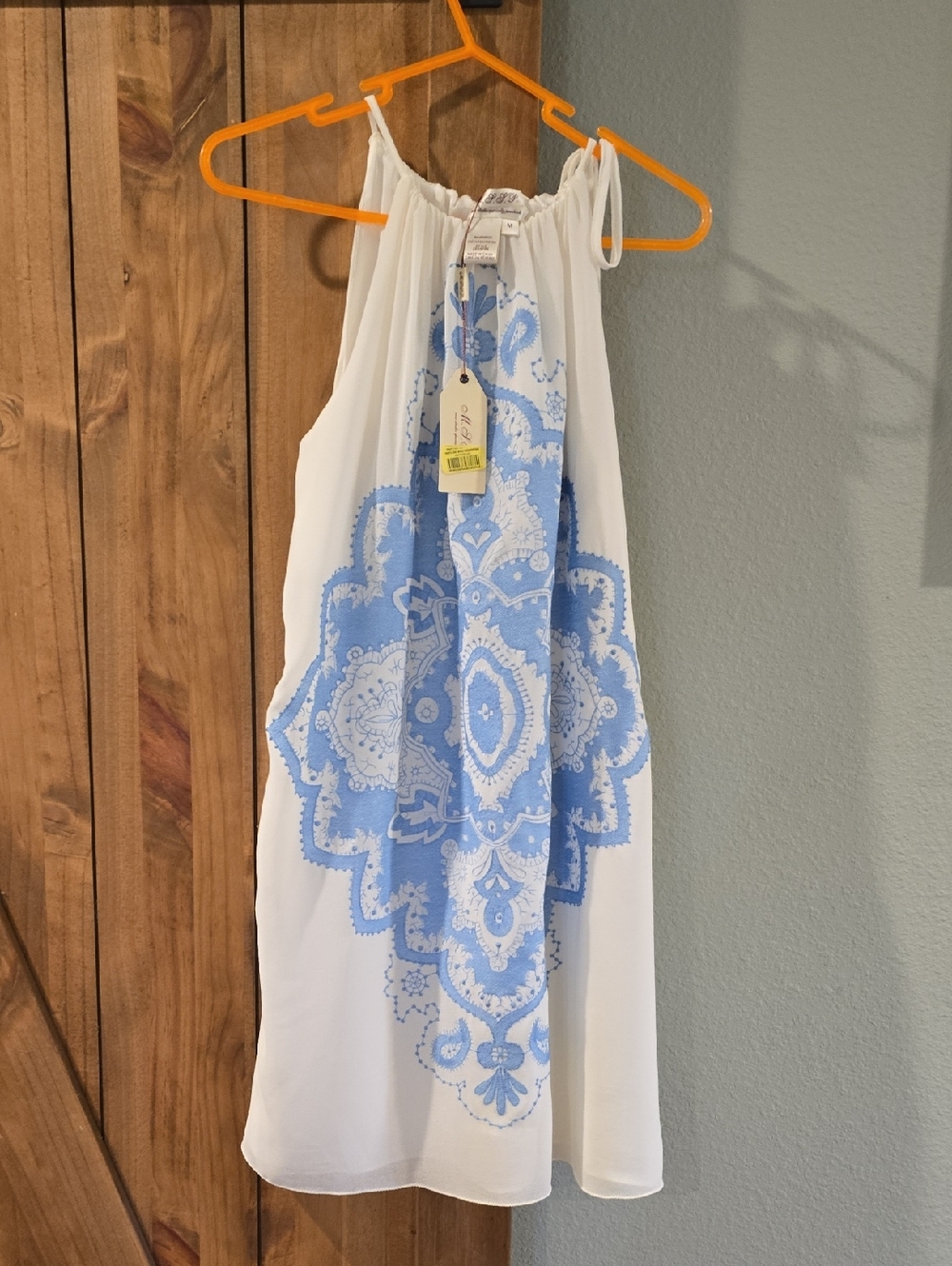 Women's White Mini Dress with Blue Medallion Print - Lightweight Halter